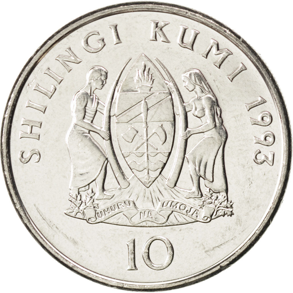 TANZANIA, 10 Shilingi, 1993, KM #20a.2, MS(63), Nickel Clad Steel, 29, 9.98