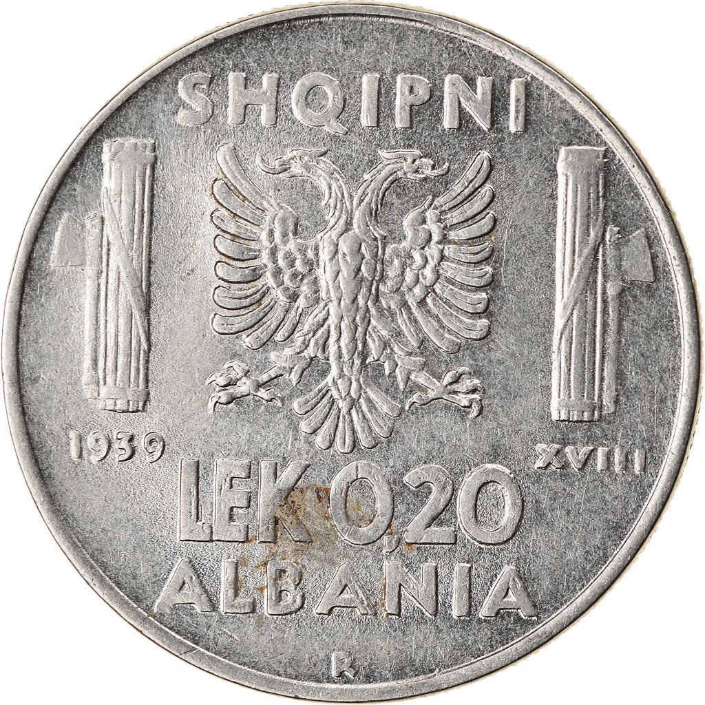 Moeda, Albânia, Vittorio Emanuele III, 0.20 Lek, 1939, Rome, AU(50-53), Aço