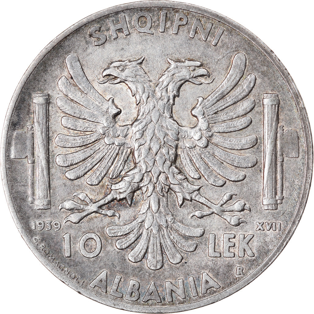 Coin, Albania, Vittorio Emanuele III, 10 Lek, 1939, Rome, AU(55-58), Silver