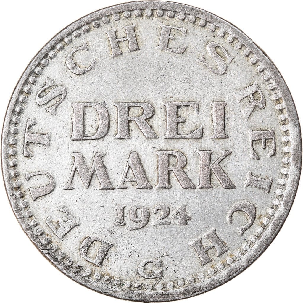 Münze, Deutschland, Weimarer Republik, 3 Mark, 1924, Karlsruhe, SS+, Silber