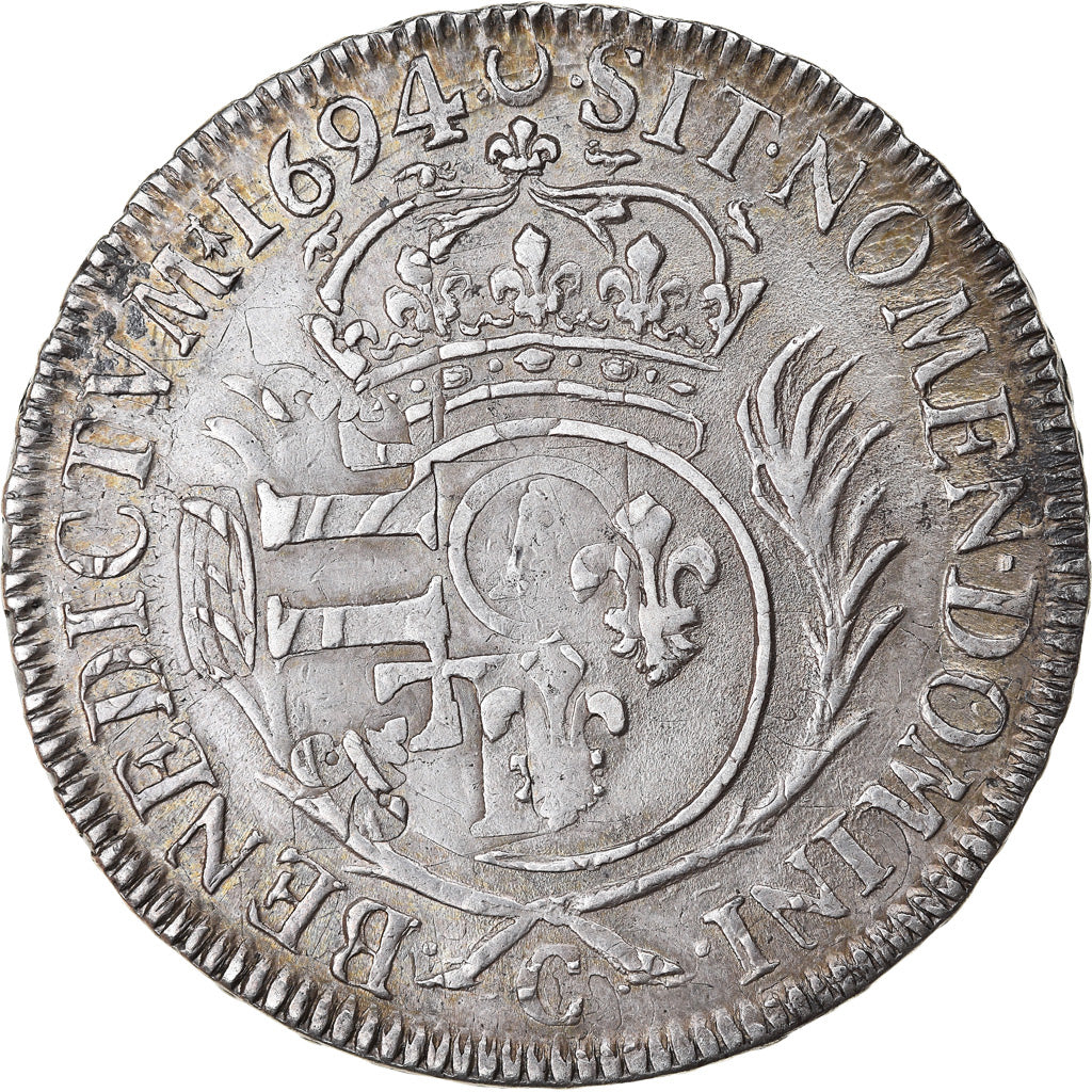 Moneda, Francia, Louis XIV, 1/2 Ecu aux palmes, 1694, Caen, MBC+, Plata