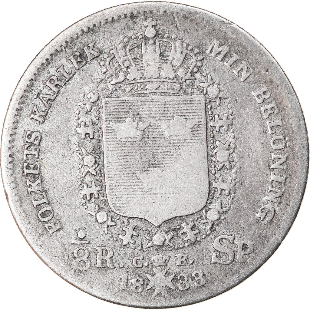 Moneta, Svezia, Carl XIV Johan, 1/8 Riksdaler, 1833, MB+, Argento, KM:626
