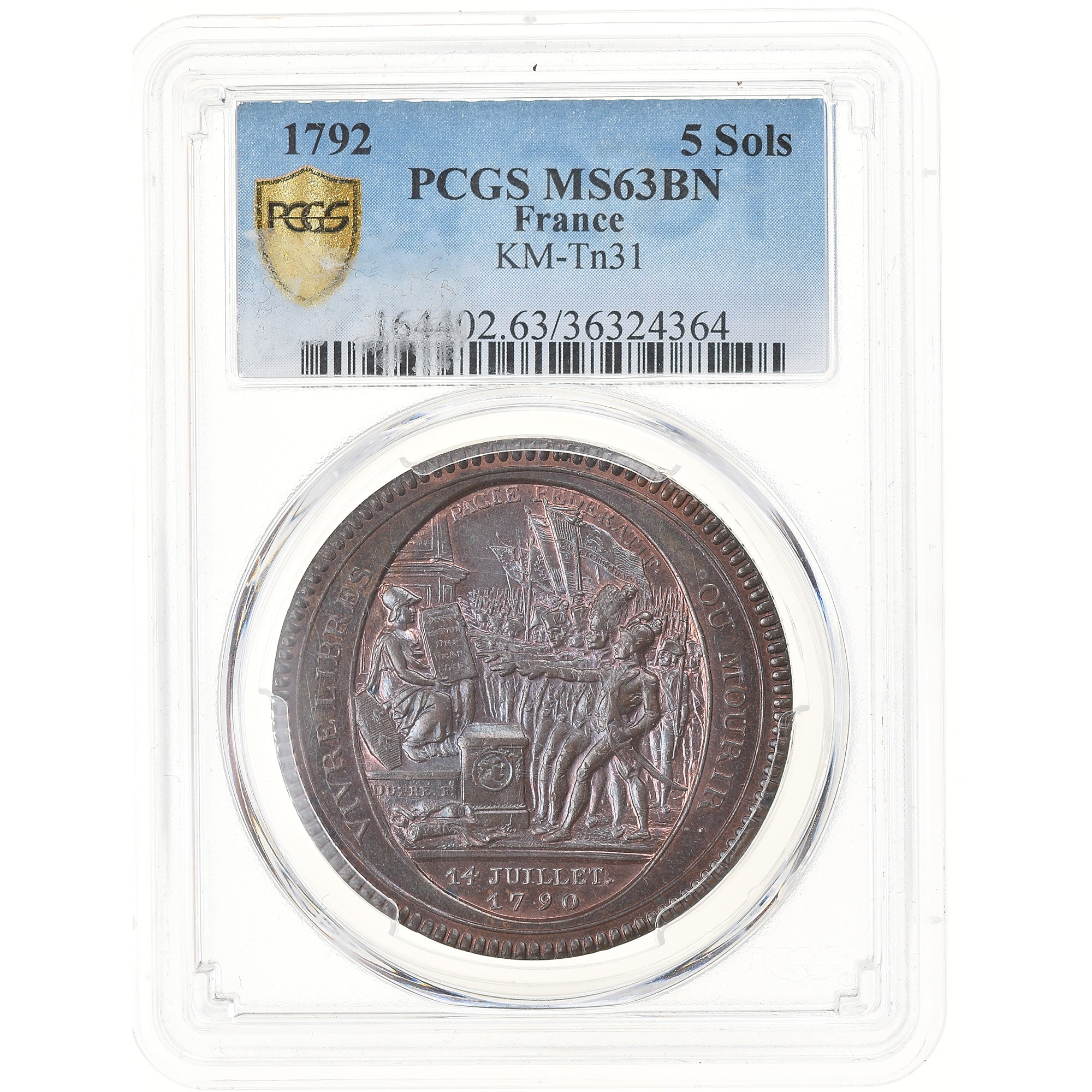 Moeda, França, 5 Sols, 1792, Birmingham, PCGS, MS63BN, MS(63), Bronze, KM:Tn31