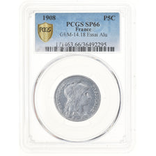 Moneta, Francia, Dupuis, 5 Centimes, 1908, PCGS, SP66, FDC, Alluminio, graded