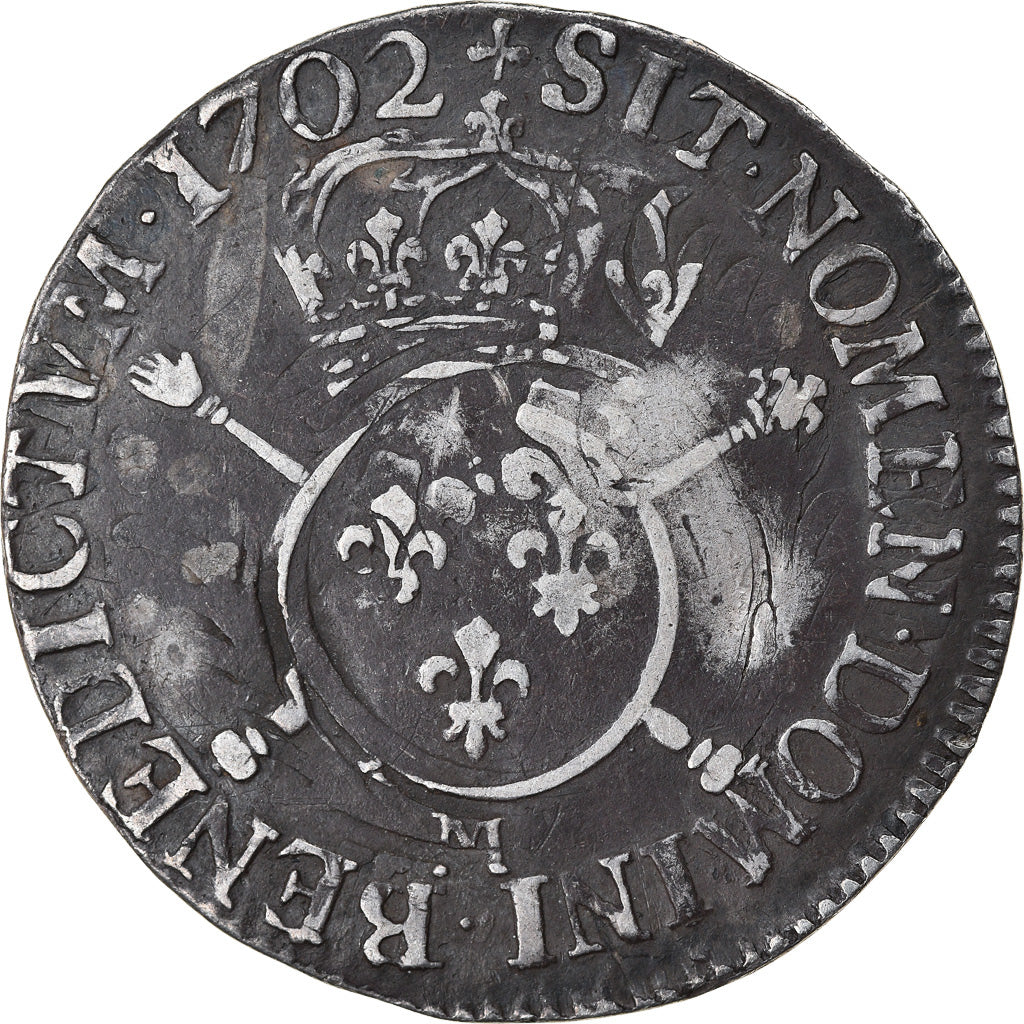 Moneta, Francja, 1/4 Ecu, 1702, Toulouse, VF(30-35), Srebro, Gadoury:156
