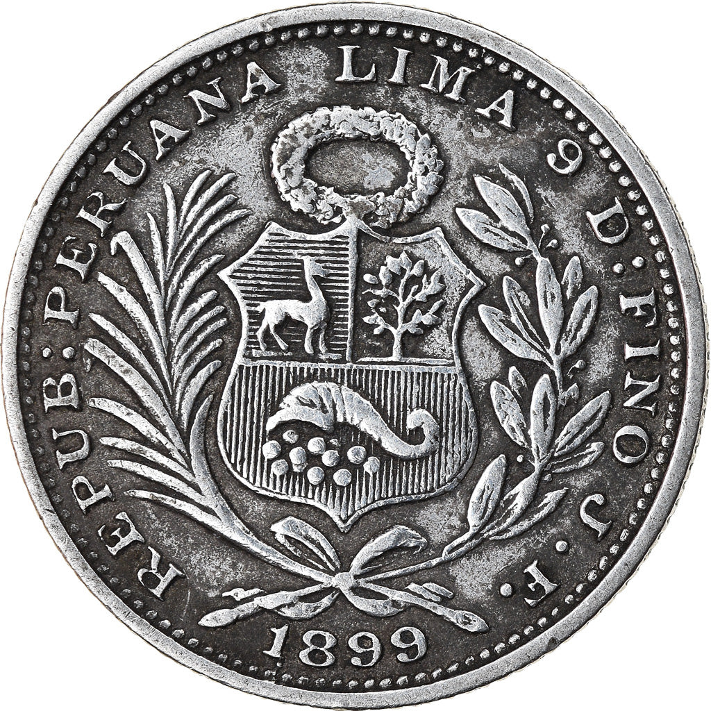 Moneda, Perú, 1/5 Sol, 1899, Lima, MBC, Plata, KM:205.2