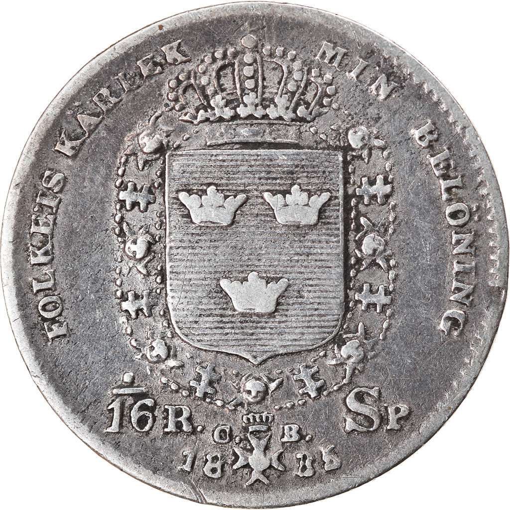 Coin, Sweden, Carl XIV Johan, 1/16 Riksdaler, 1835, VF(30-35), Silver, KM:644