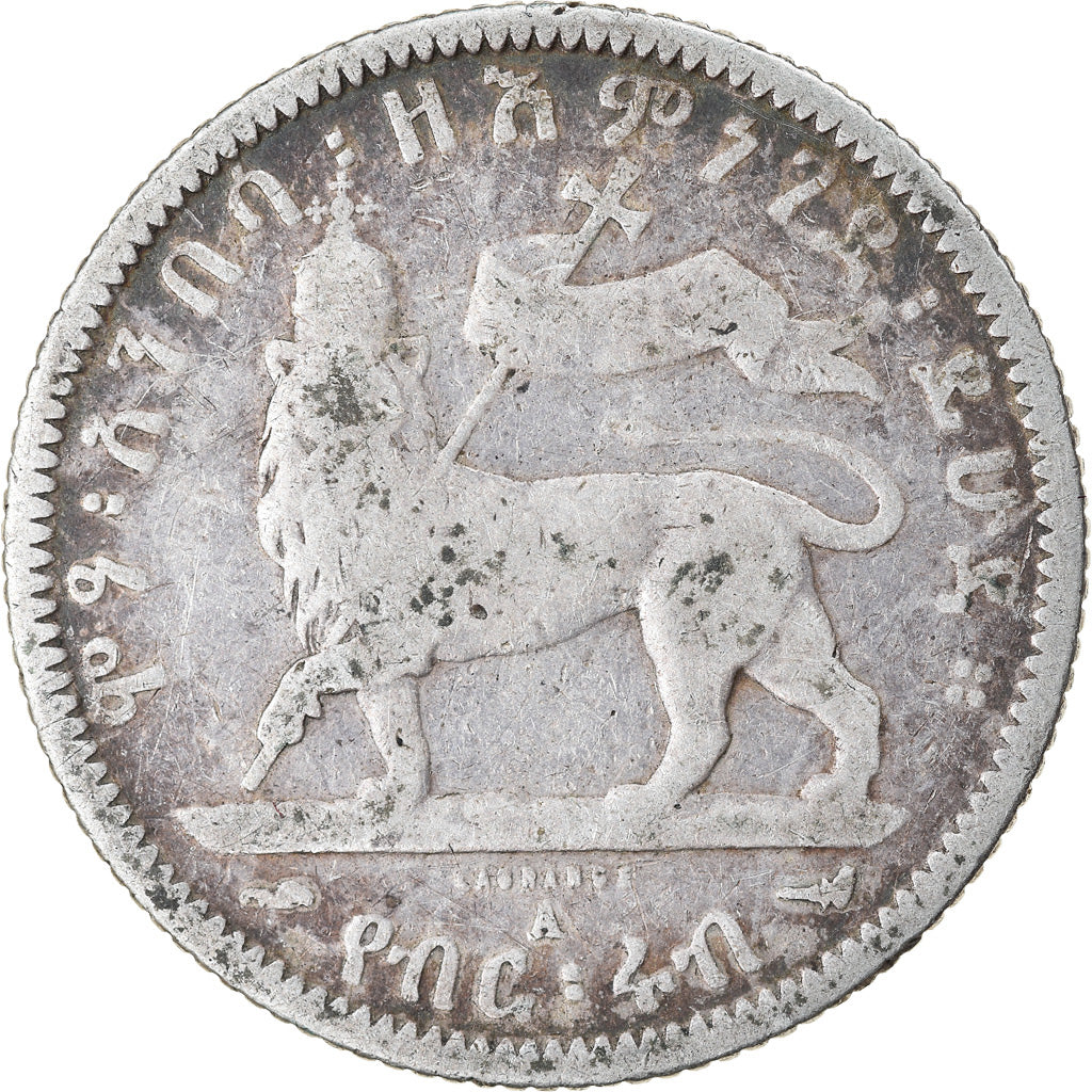 Moeda, Etiópia, Menelik II, 1/4 Birr, 1902, Paris, F(12-15), Prata, KM:3