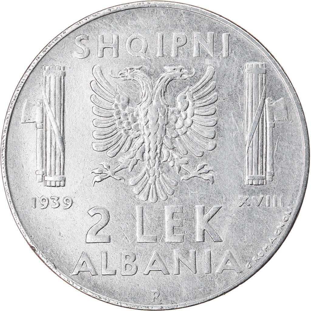 Coin, Albania, Vittorio Emanuele III, 2 Lek, 1939, Rome, AU(55-58), Stainless