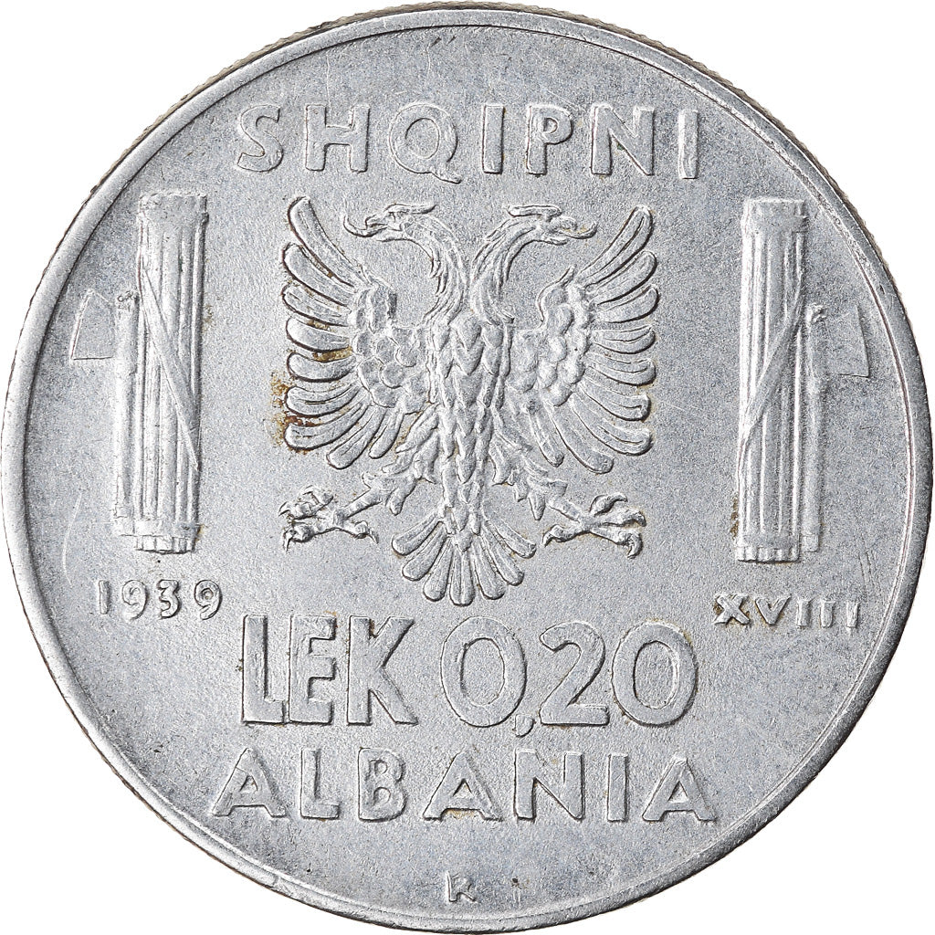 Moeda, Albânia, Vittorio Emanuele III, 0.20 Lek, 1939, Rome, EF(40-45), Aço