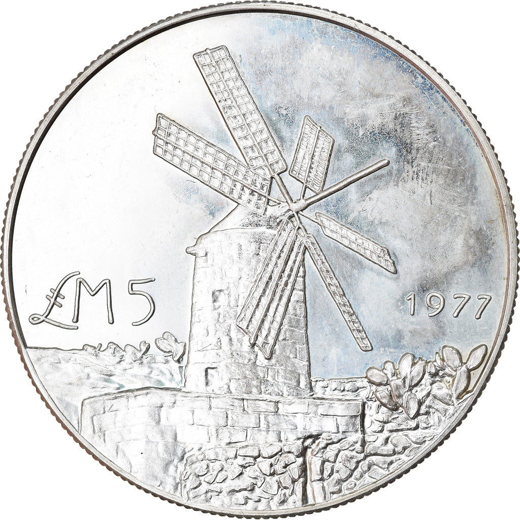Moneta, Malta, 5 Pounds, 1977, MS(63), Srebro, KM:47