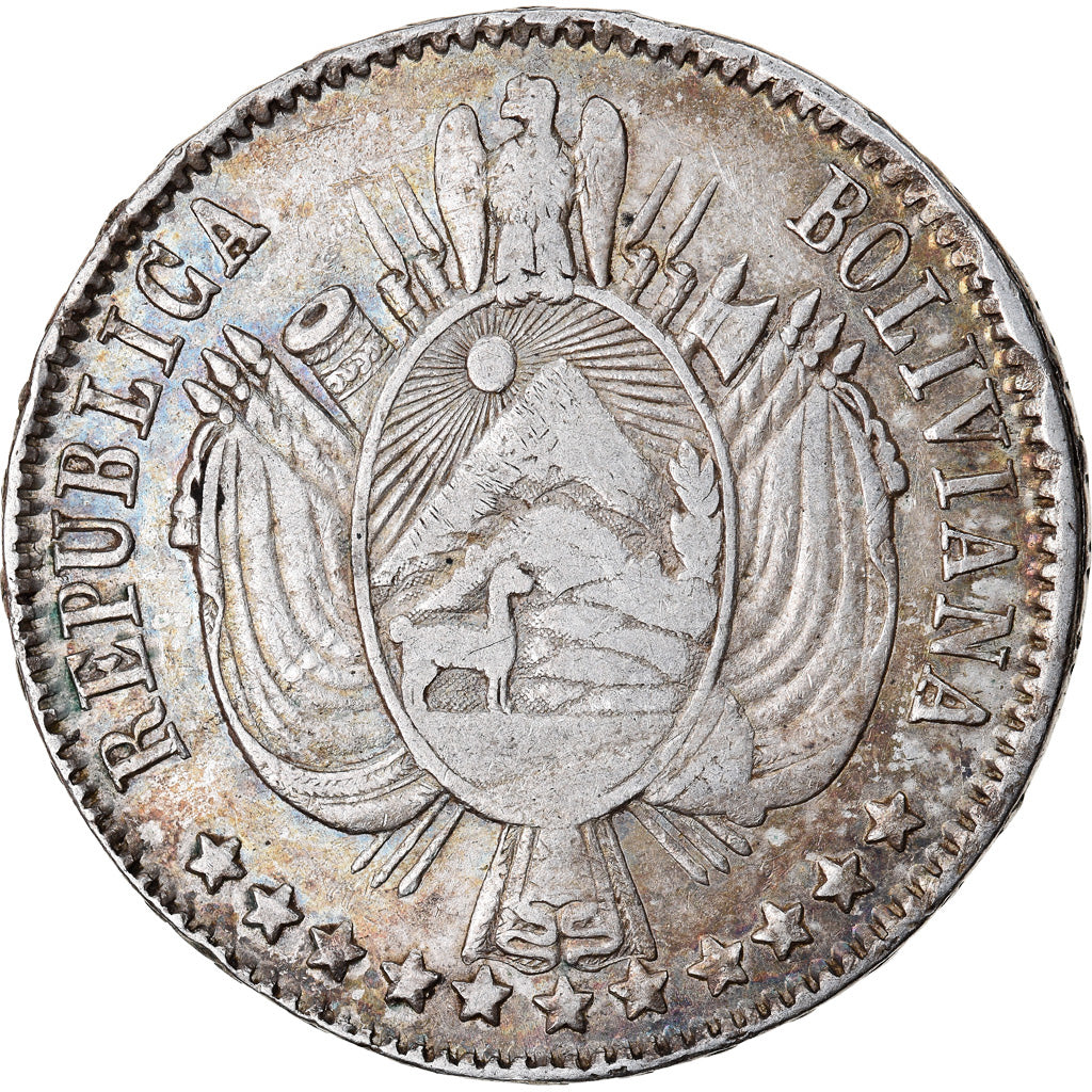 Moneda, Bolivia, Boliviano, 1868, BC+, Plata, KM:152.2