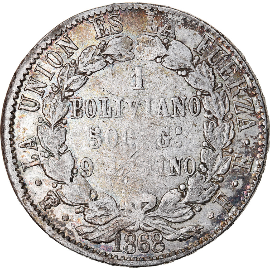 Moneda, Bolivia, Boliviano, 1868, BC+, Plata, KM:152.2