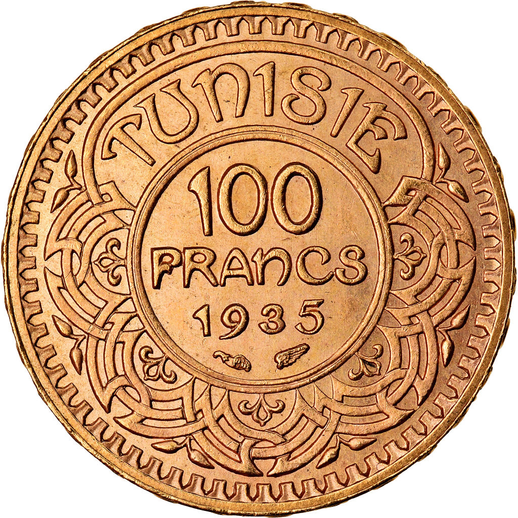 Moeda, Tunísia, Ahmad Pasha Bey, 100 Francs, 1935, Paris, AU(55-58), Dourado