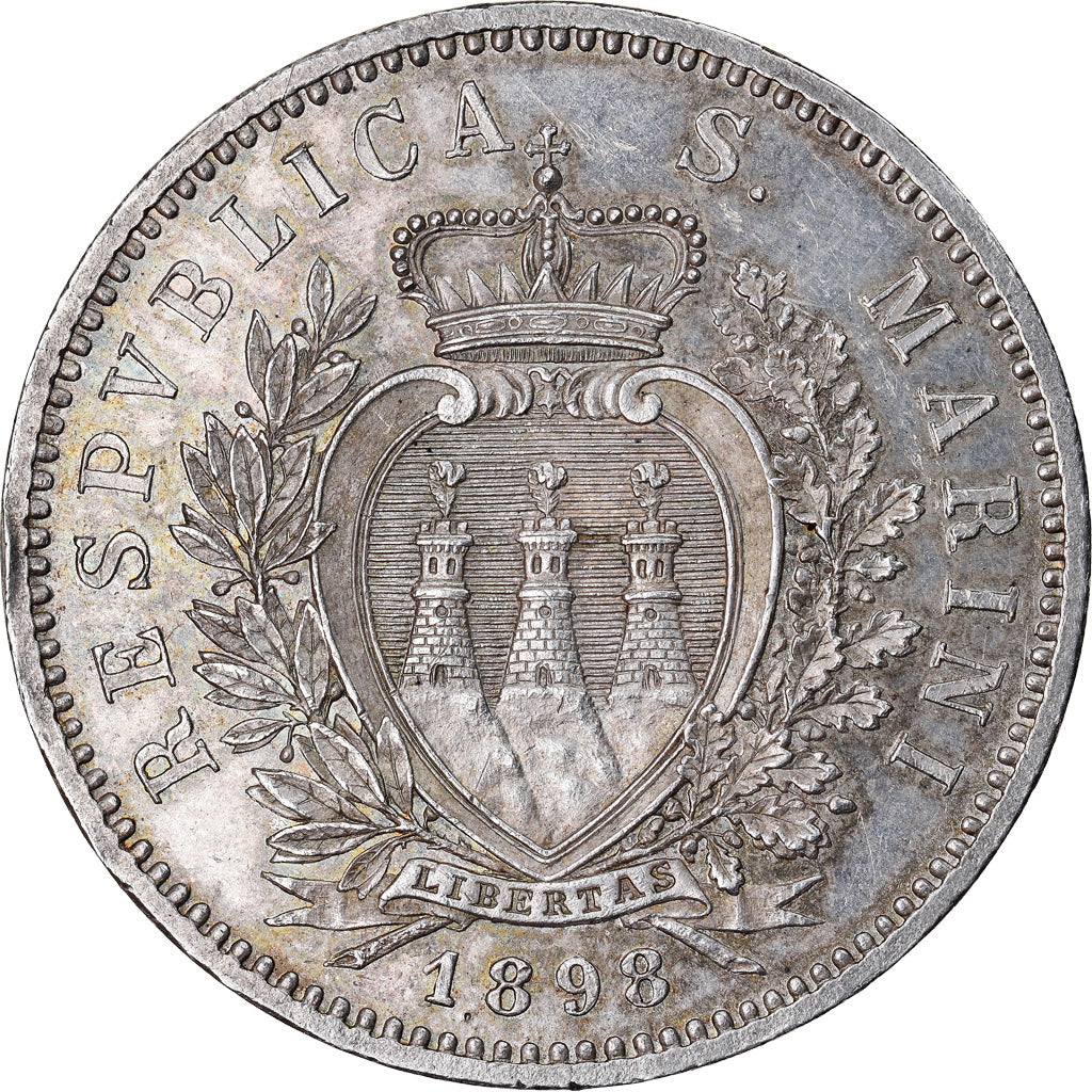 Coin, San Marino, 5 Lire, 1898, Rome, AU(55-58), Silver, KM:6