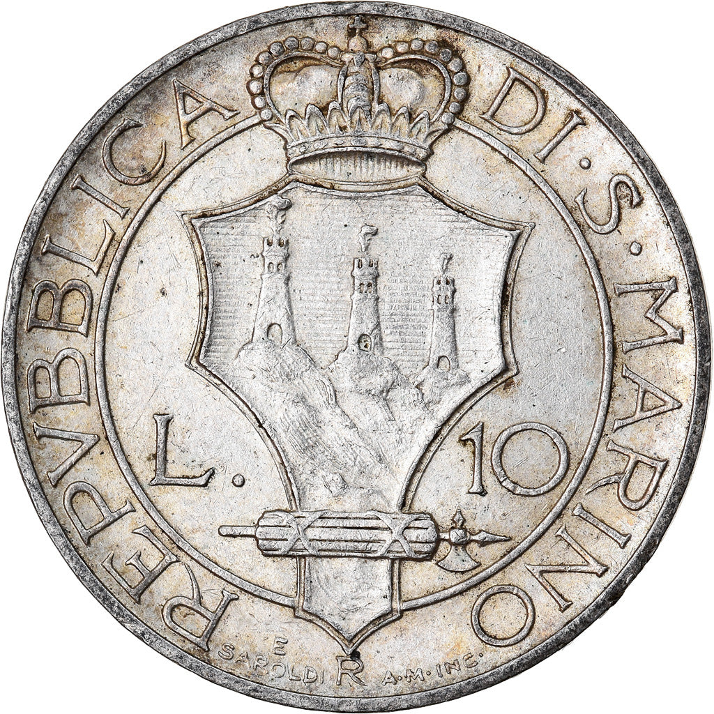 Coin, San Marino, 10 Lire, 1931, Rome, AU(50-53), Silver, KM:10