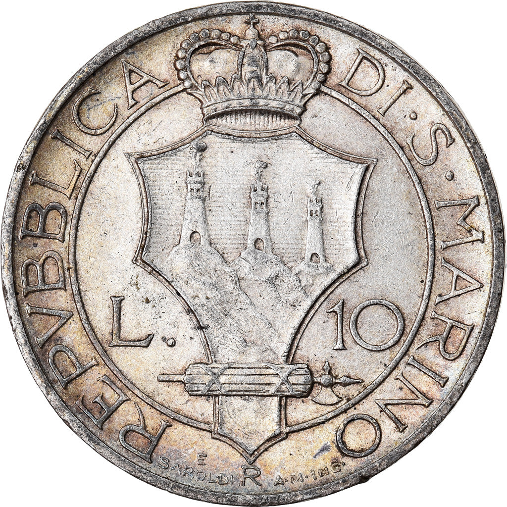 Coin, San Marino, 10 Lire, 1935, Rome, AU(55-58), Silver, KM:10
