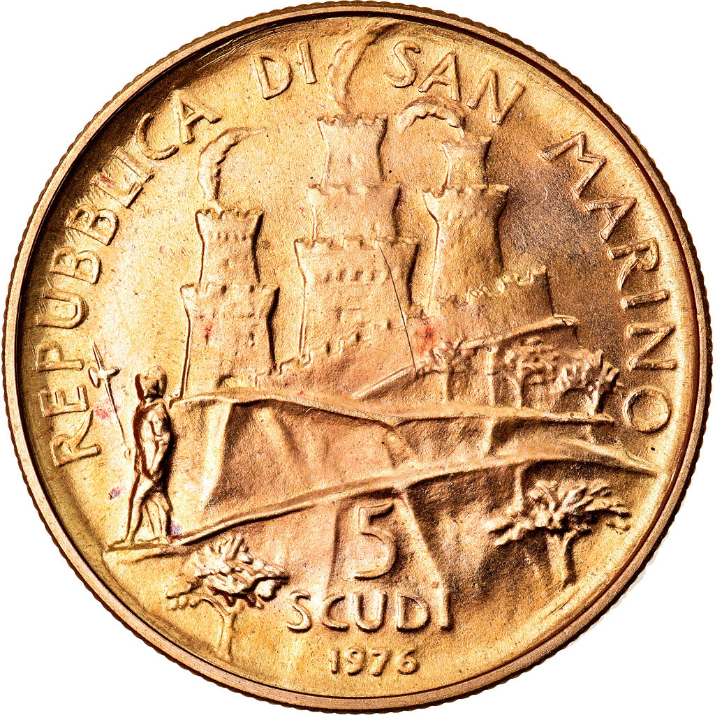 Coin, San Marino, 5 Scudi, 1976, Rome, MS(60-62), Gold, KM:62