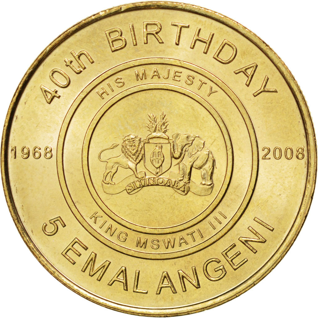 Coin, Swaziland, King Msawati III, 5 Emalangeni, 2008, MS(63), Brass, KM:55