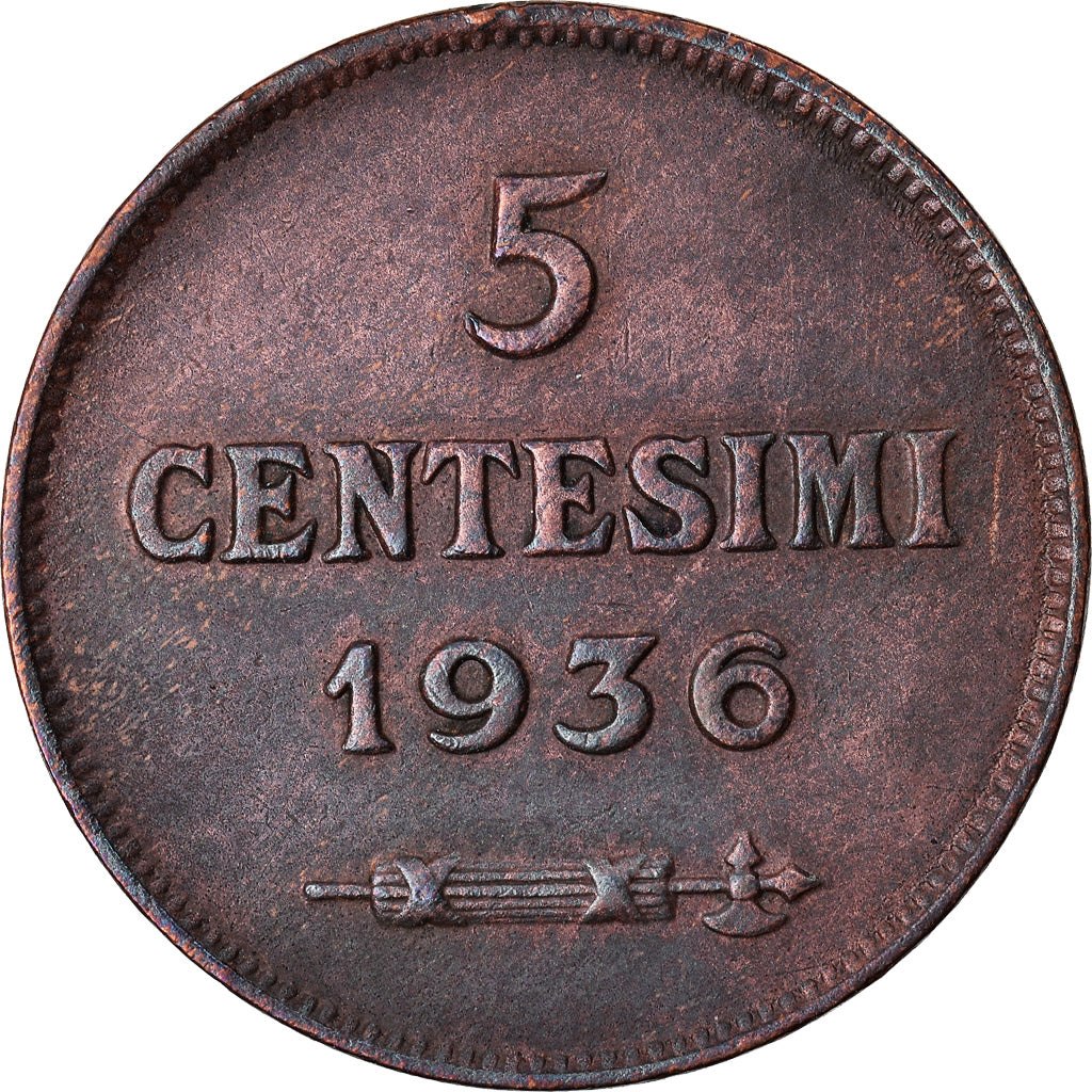 Moneta, San Marino, 5 Centesimi, 1936, Rome, AU(50-53), Bronze, KM:12