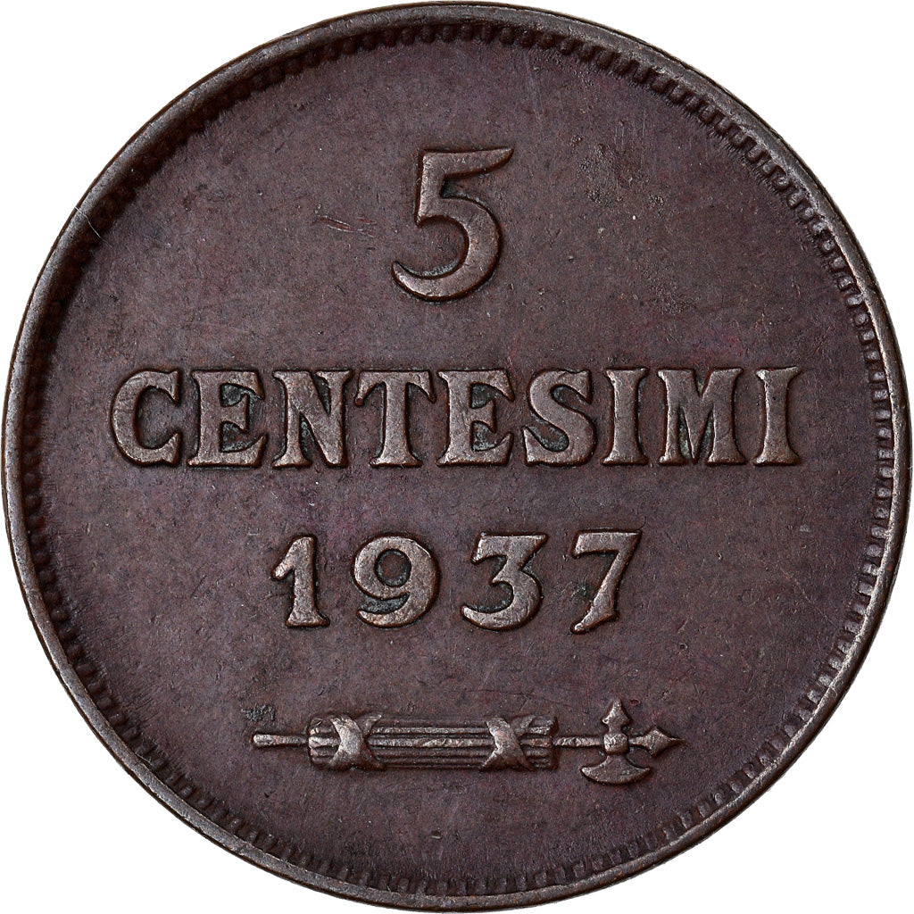 Moneta, San Marino, 5 Centesimi, 1937, Rome, MS(60-62), Bronze, KM:12