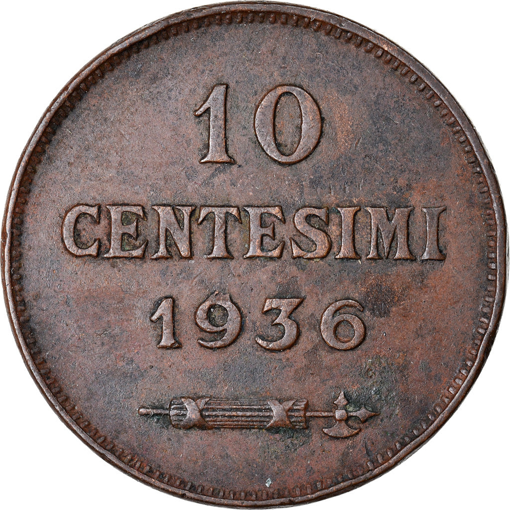 Moeda, San Marino, 10 Centesimi, 1936, Rome, EF(40-45), Bronze, KM:13