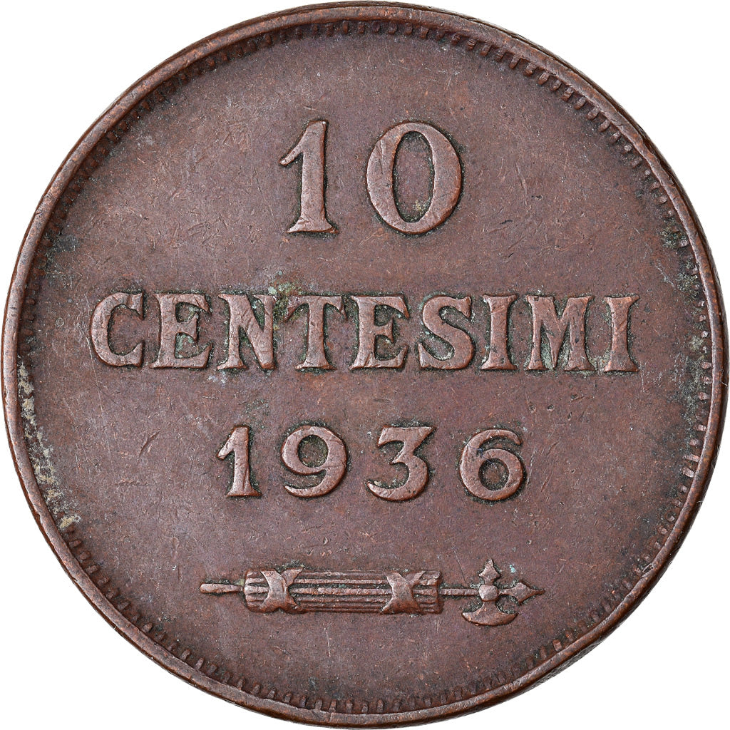 Moeda, San Marino, 10 Centesimi, 1936, Rome, EF(40-45), Bronze, KM:13