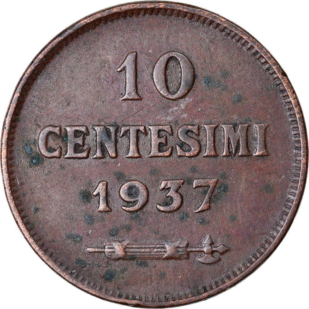 Moneda, San Marino, 10 Centesimi, 1937, Rome, MBC+, Bronce, KM:13
