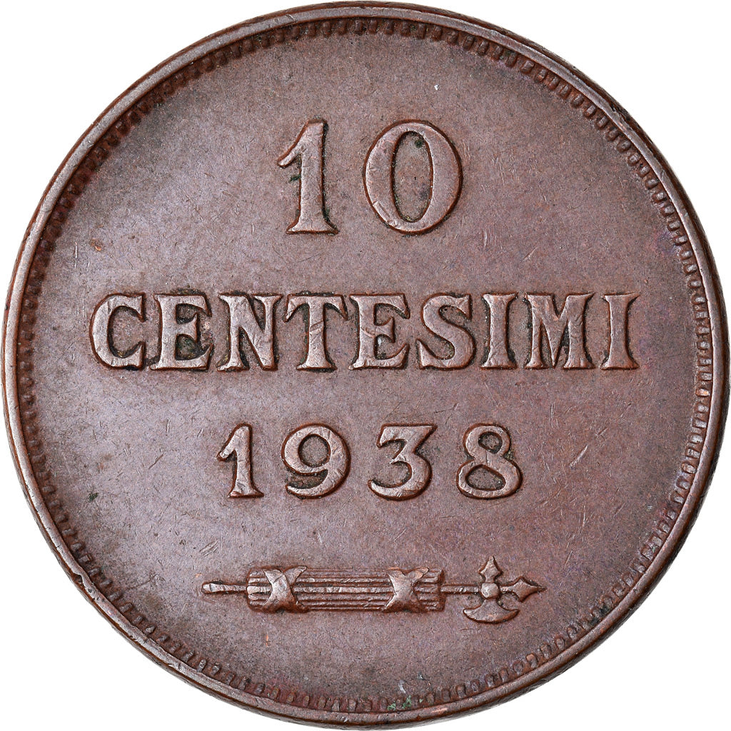 Moneda, San Marino, 10 Centesimi, 1938, Rome, MBC+, Bronce, KM:13