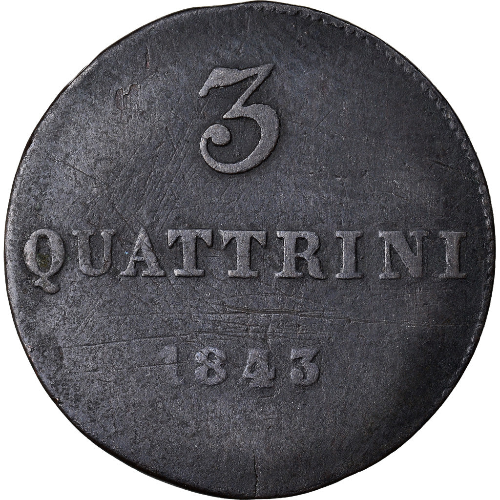 Moneda, Estados italianos, TUSCANY, Leopold II, 3 Quattrini, 1843, BC+, Cobre