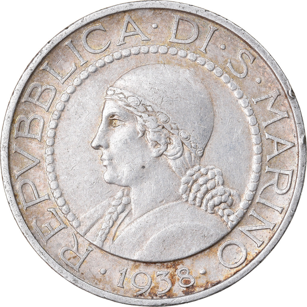 Coin, San Marino, 5 Lire, 1938, Rome, AU(55-58), Silver, KM:9