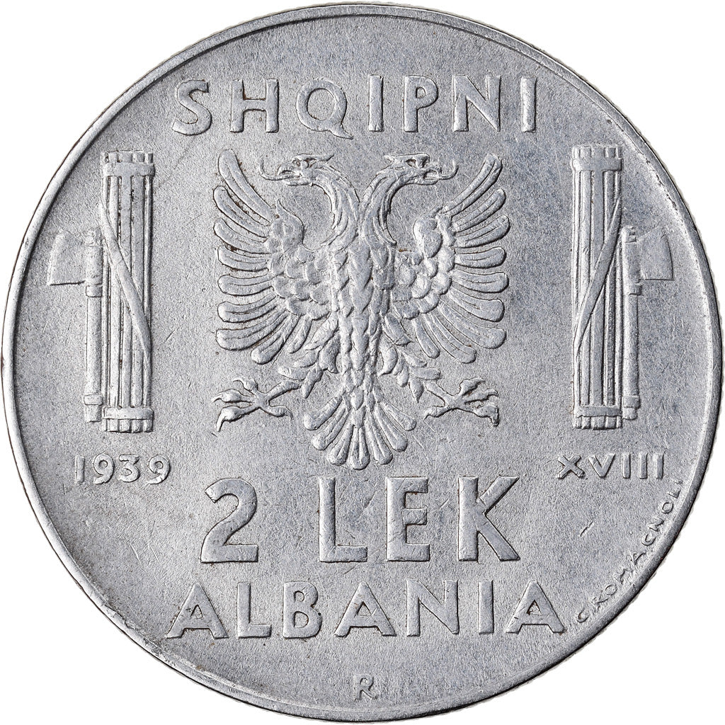 Moneda, Albania, Vittorio Emanuele III, 2 Lek, 1939, Rome, MBC+, Acero