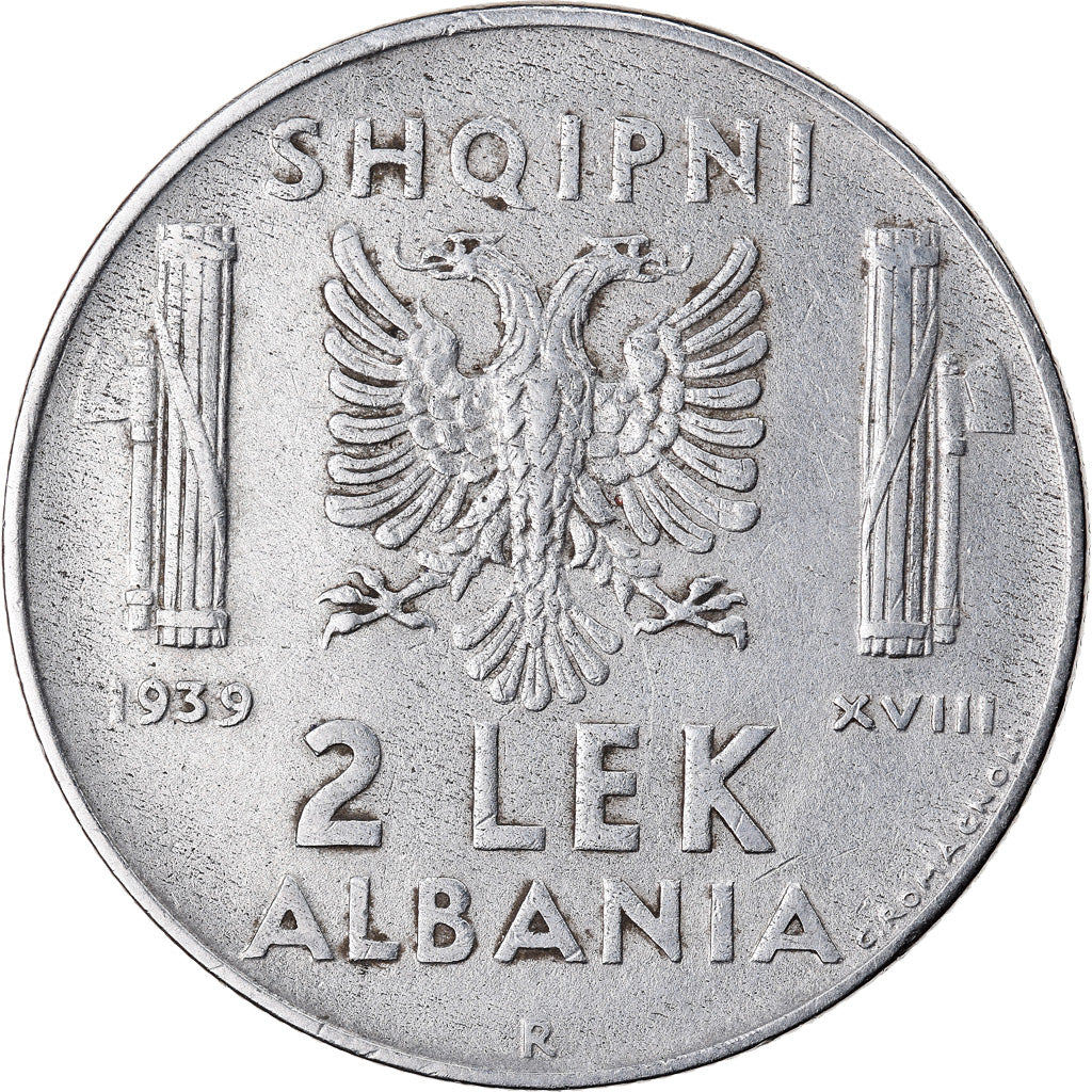 Coin, Albania, Vittorio Emanuele III, 2 Lek, 1939, Rome, AU(50-53), Stainless
