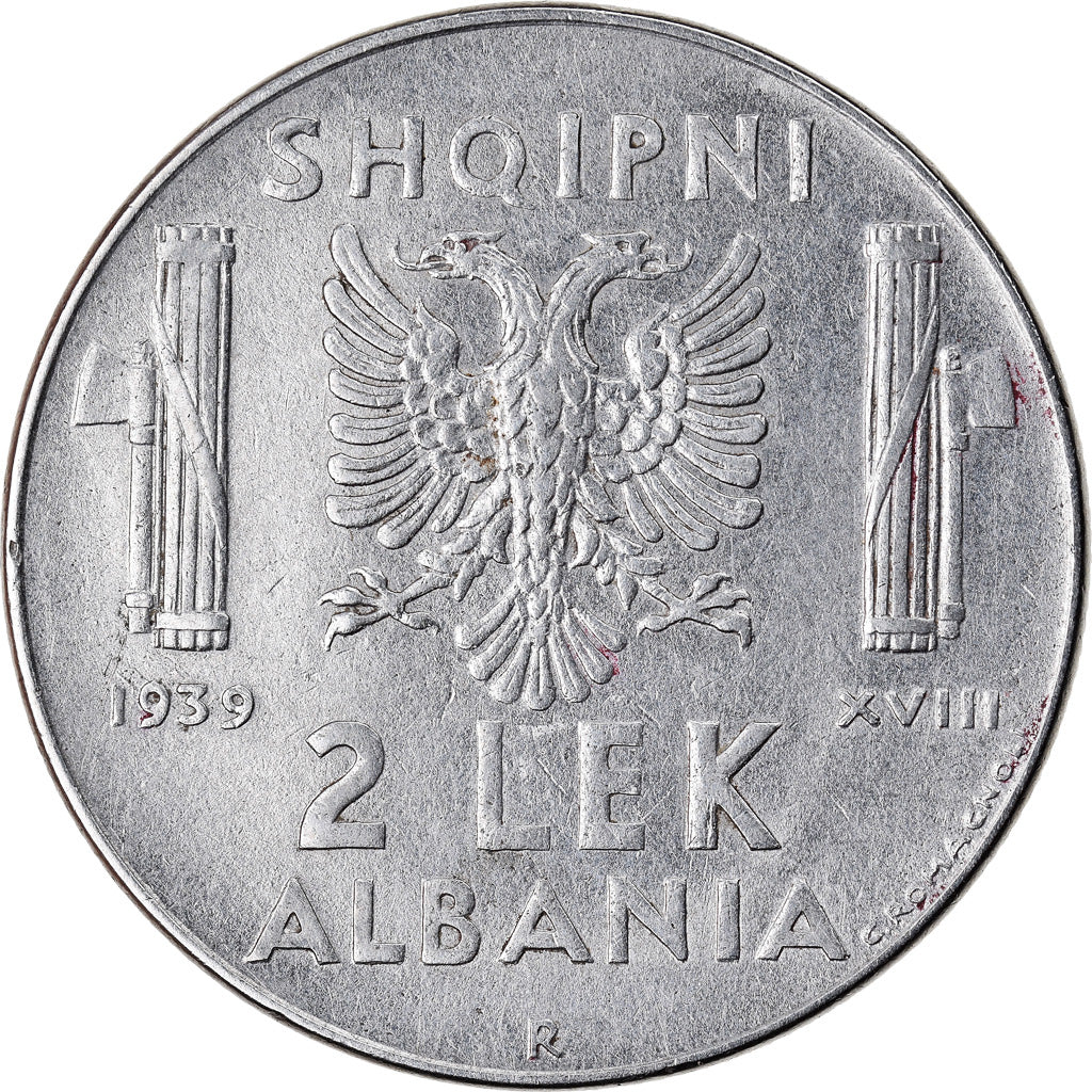Moneta, Albania, Vittorio Emanuele III, 2 Lek, 1939, Rome, AU(50-53), Stal