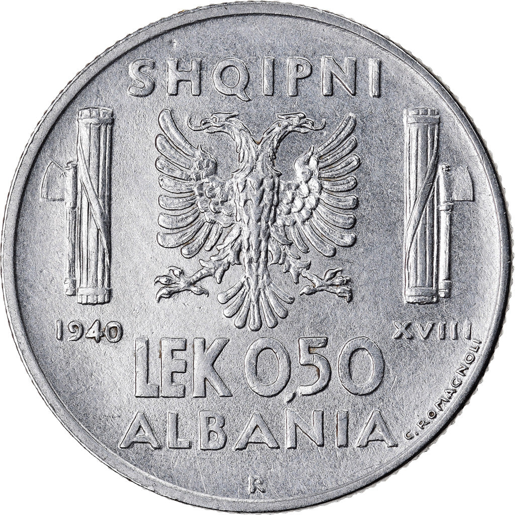 Coin, Albania, Vittorio Emanuele III, 0.50 Lek, 1940, Rome, AU(55-58), Stainless