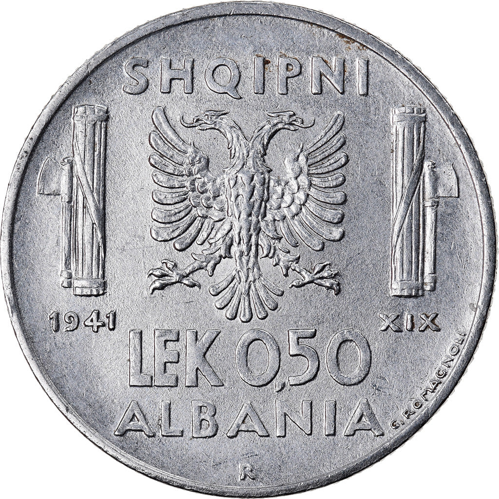 Coin, Albania, Vittorio Emanuele III, 0.50 Lek, 1941, Rome, AU(55-58), Stainless