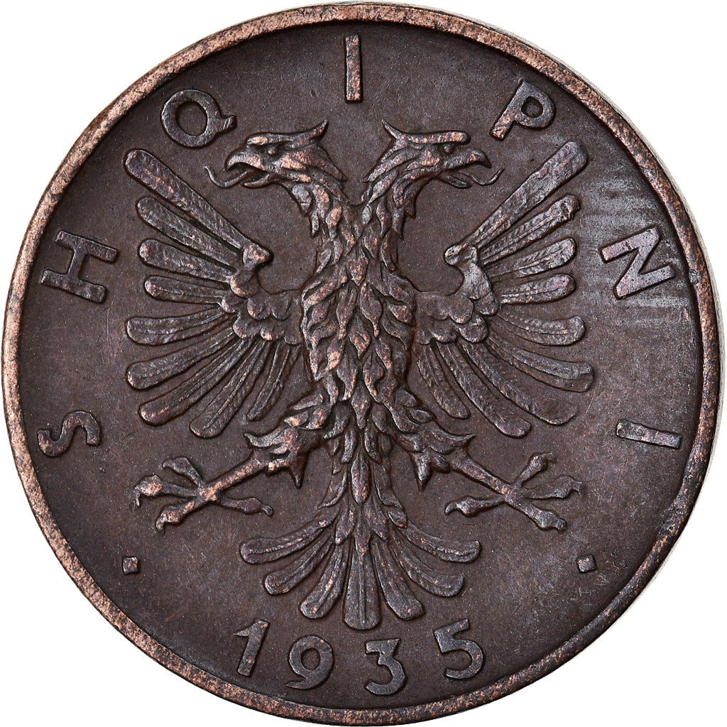 Coin, Albania, Zog I, 2 Qindar Ari, 1935, Rome, EF(40-45), Bronze, KM:15