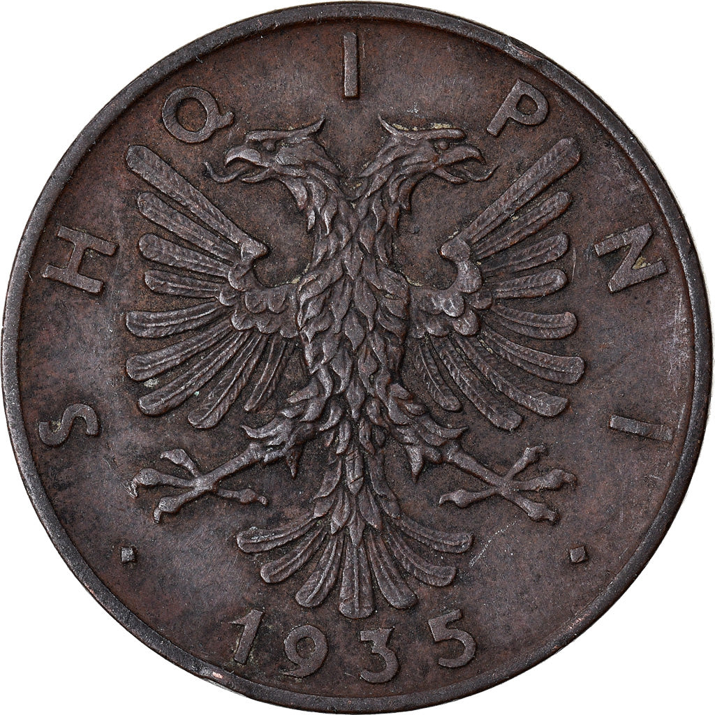 Moneda, Albania, Zog I, 2 Qindar Ari, 1935, Rome, MBC+, Bronce, KM:15