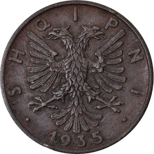 Moneda, Albania, Zog I, 2 Qindar Ari, 1935, Rome, MBC+, Bronce, KM:15