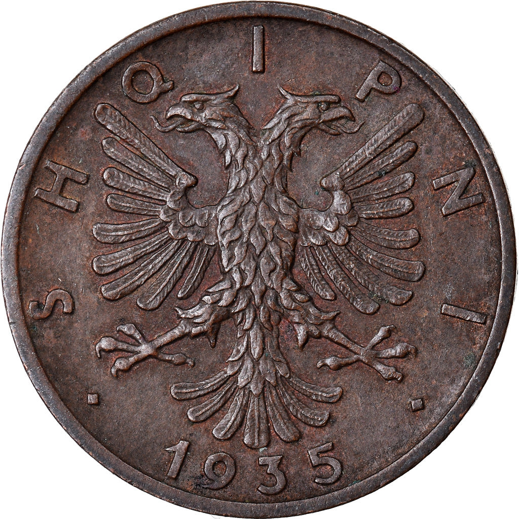 Coin, Albania, Zog I, Qindar Ar, 1935, Rome, AU(50-53), Bronze, KM:14