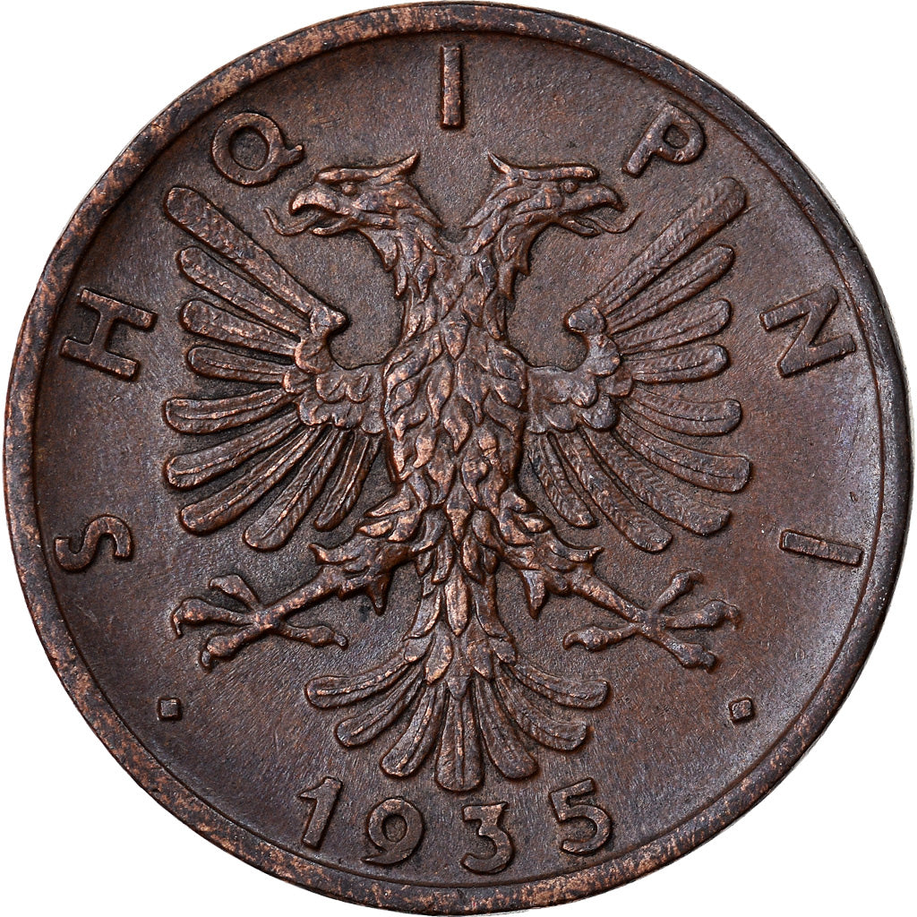 Coin, Albania, Zog I, Qindar Ar, 1935, Rome, AU(55-58), Bronze, KM:14