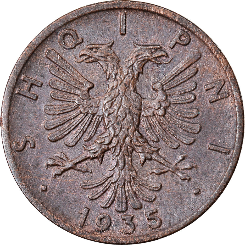 Coin, Albania, Zog I, Qindar Ar, 1935, Rome, AU(55-58), Bronze, KM:14