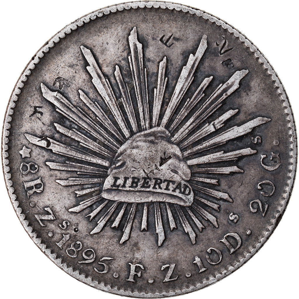 Moeda, México, 8 Reales, 1895, Zacatecas, Contramarca, AU(50-53), Prata