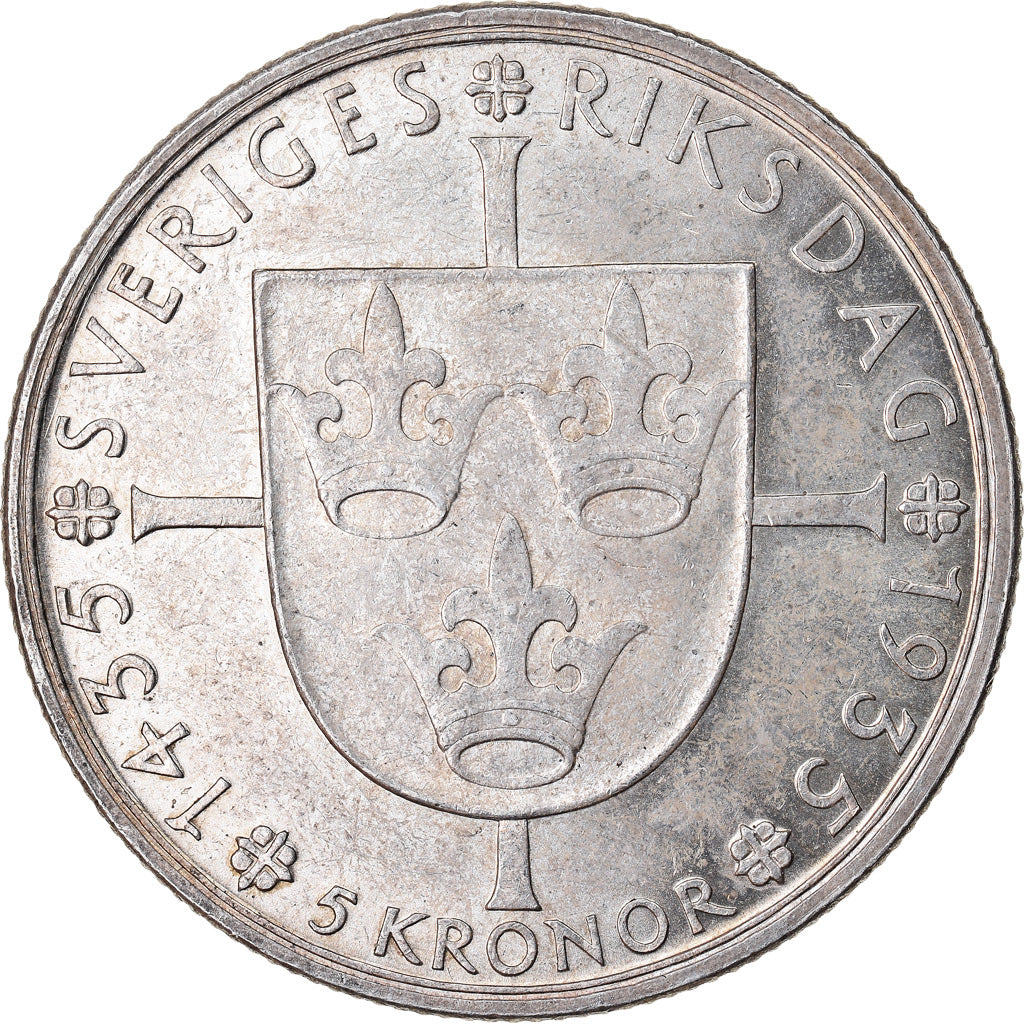Coin, Sweden, Gustaf V, 5 Kronor, 1935, AU(55-58), Silver, KM:806