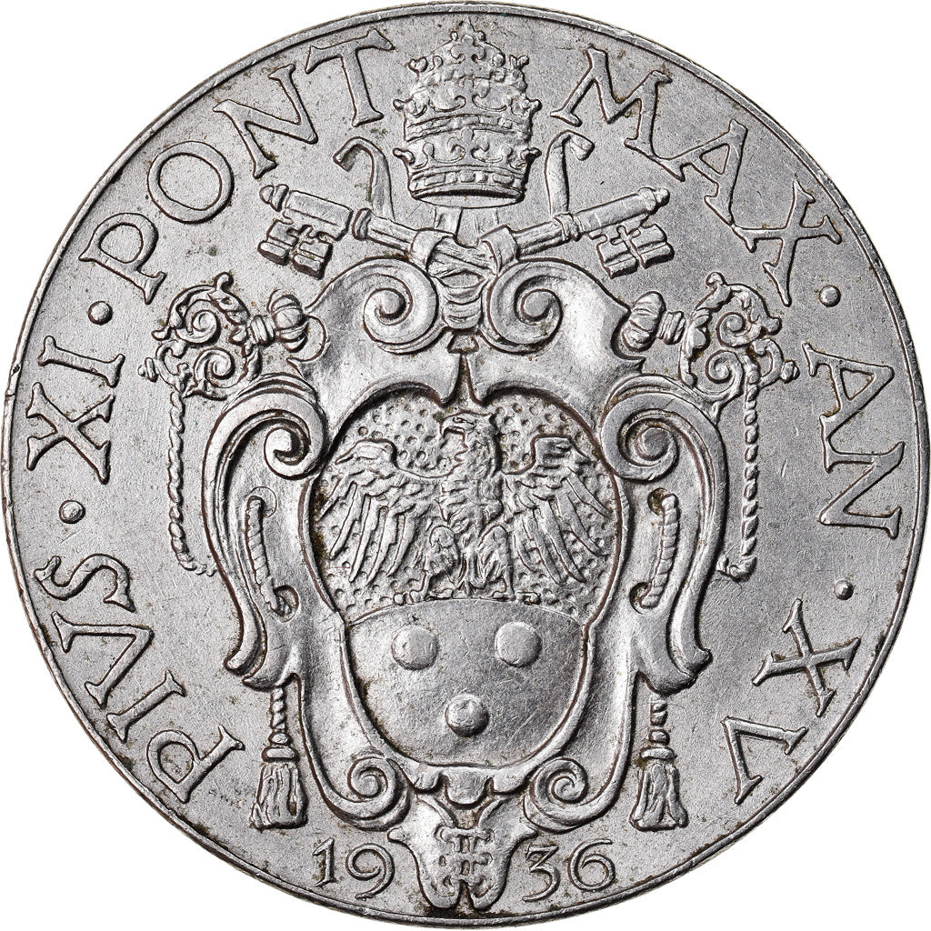 Coin, VATICAN CITY, Pius XI, 2 Lire, 1936, Roma, AU(50-53), Nickel, KM:6