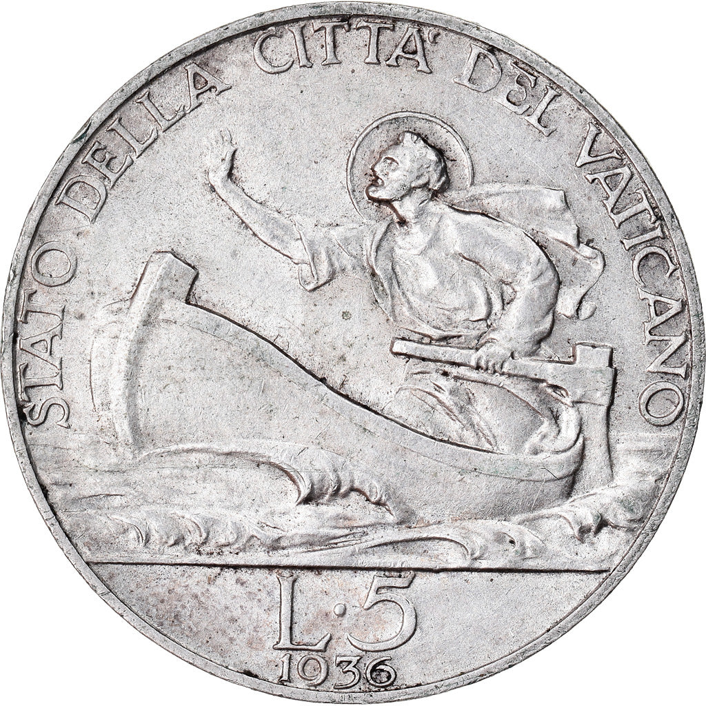 Coin, VATICAN CITY, Pius XI, 5 Lire, 1936, AU(55-58), Silver, KM:7