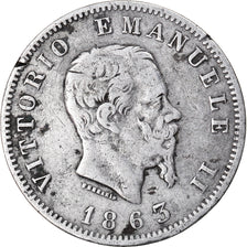 Coin, Italy, Vittorio Emanuele II, Lira, 1863, Milan, VF(20-25), Silver, KM:5a.1
