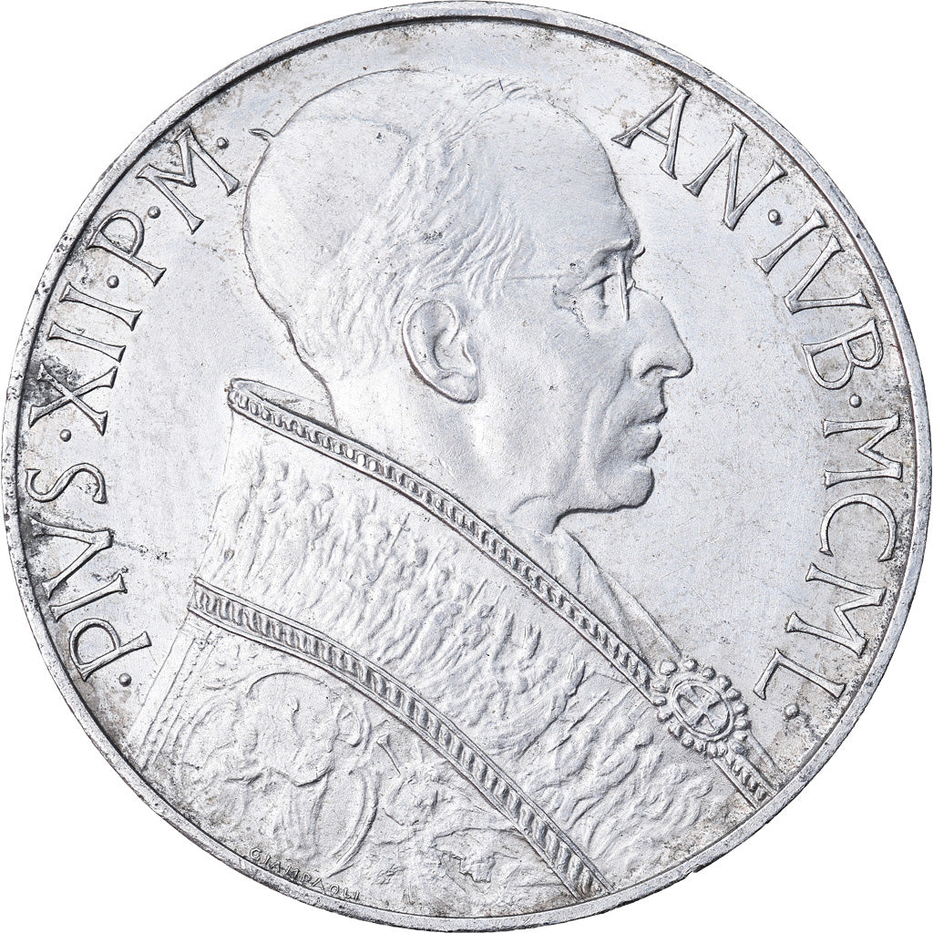 Munten, Vaticaanstad, Pius XII, 10 Lire, 1950, Roma, PR+, Aluminium, KM:47