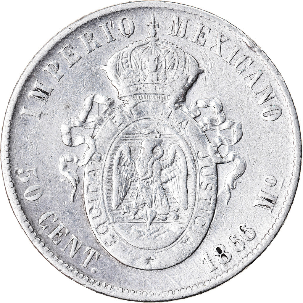 Moneda, México, Maximilian, 50 Centavos, 1866, Mexico City, BC+, Plata, KM:387