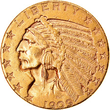 Moneta, USA, Indian Head, $5, Half Eagle, 1909, U.S. Mint, Denver, AU(50-53)